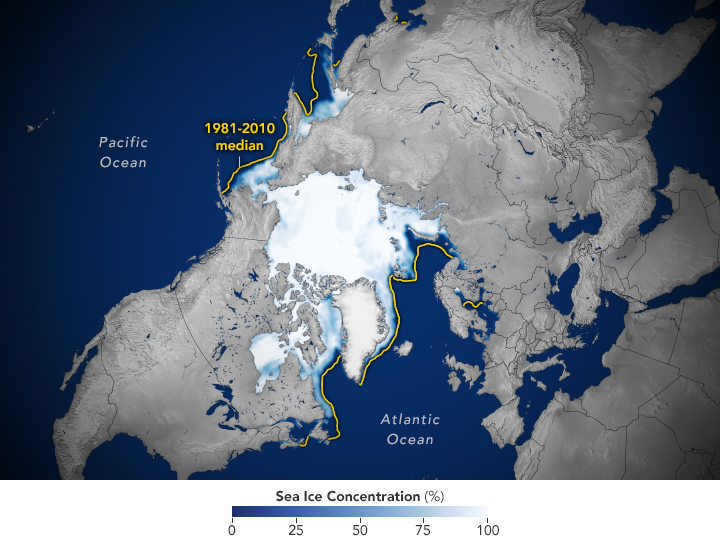 A map shows the Arctic Ocean topped with white, which represents sea ice at the time of its annual maximum extent. Most of the sea ice is well within a yellow line that indicates the much larger 1981-2010 median extent for the month of March.